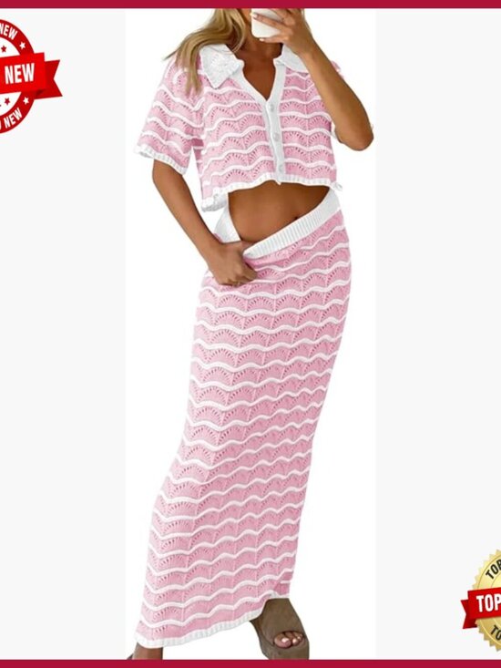 Other - Striped Crochet Cover Up Set, Crop Top Maxi Skirt, Beachwear Outfit